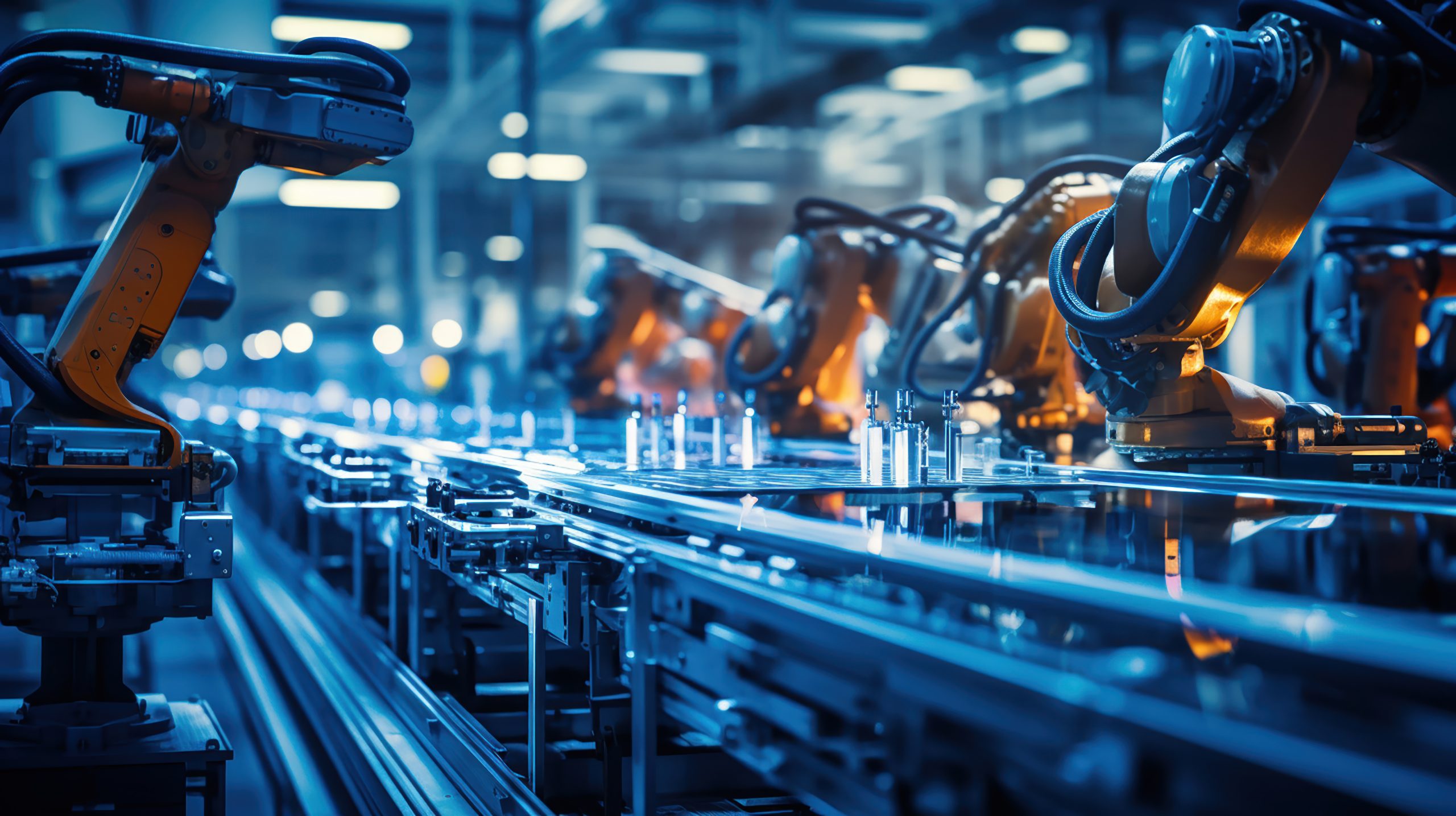 High-tech robot arms in an automated manufacturing plant.
